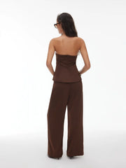 High Stretch Peplum Bandeau Top & Mid Rise Wide Leg Trousers Set