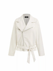 Faux Leather Collar Zip Through Oversized Biker Jacket With Belt