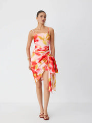 Square Neck Floral with Side Sash Midi Dress