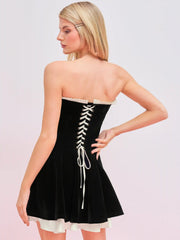 Velvet Strapless Solid Lace Up Layered Mini Dress