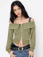 Terry Off-shoulder Zip Through Long Sleeve Two Tone Sweatshirt