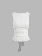 Cotton-blend Boat Neck Broderie Anglaise Tie Back Knotted Top