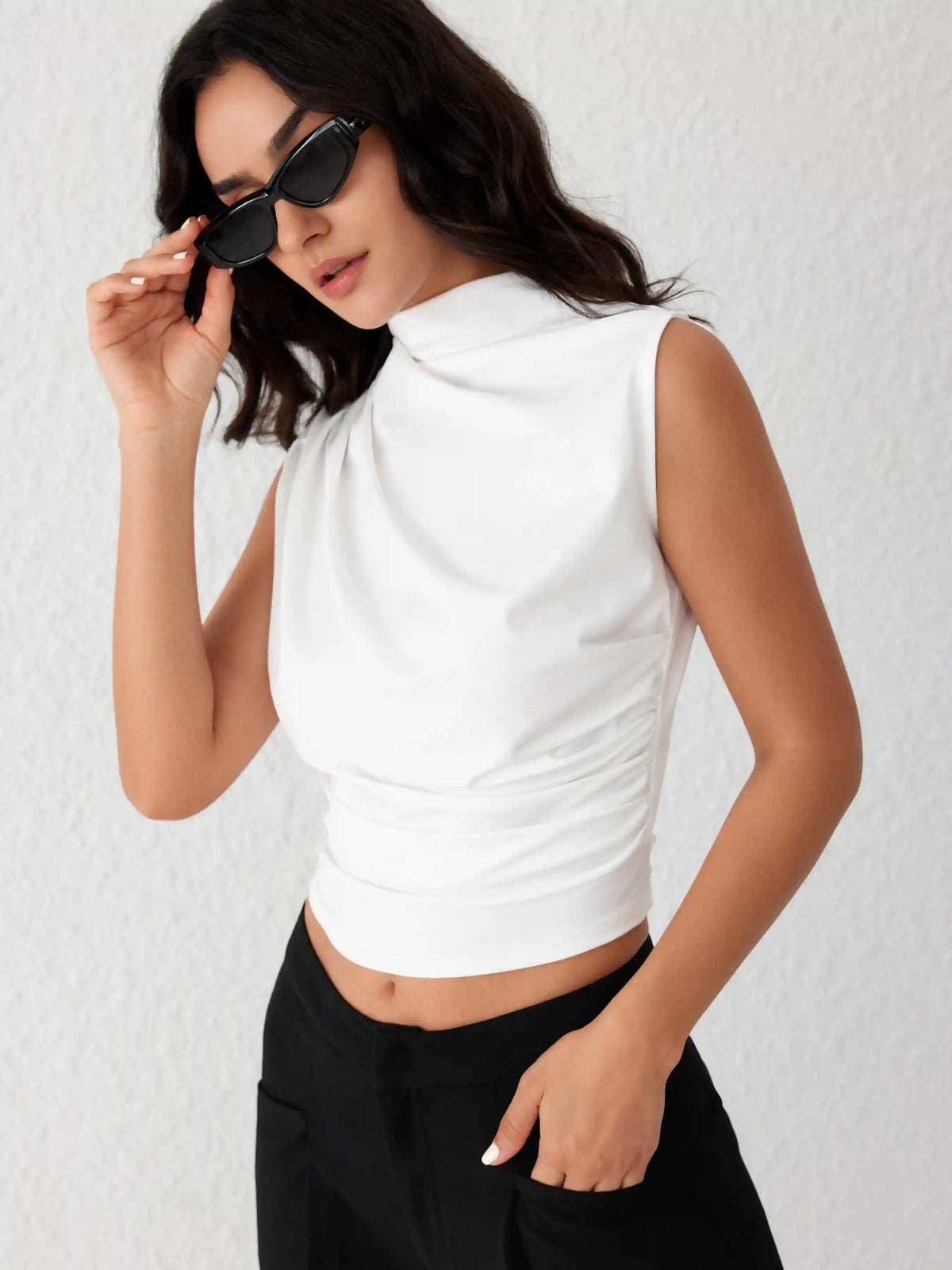 Asymmetrical High Neck Ruched Crop Top