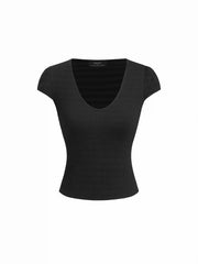 High Stretch Textured Scoop Neckline Short Puff Sleeve Top