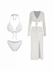 Halter Neckline Bikini Set with Lace Floral  Cover Up Set