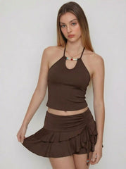 Halter Neckline Beaded Cami Top & Low Rise Drawstring Mini Skort Set