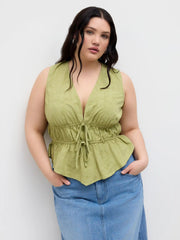 Cotton-blend V-neck Tie Front Shirred Blouse Curve & Plus