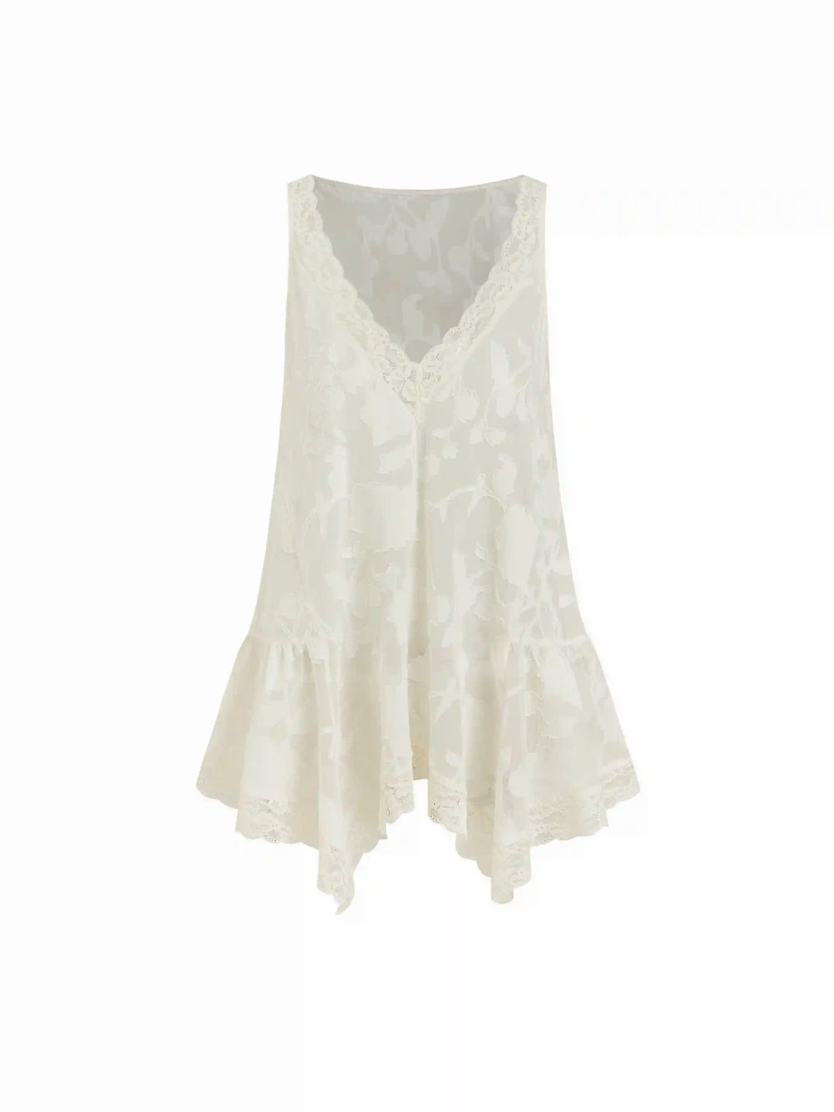 Jacquard V-neck Floral Lace Panel Ruffled Oversized Blouse