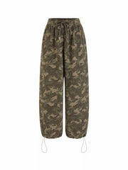 Camo Mid Rise Drawstring Wide Leg Trousers