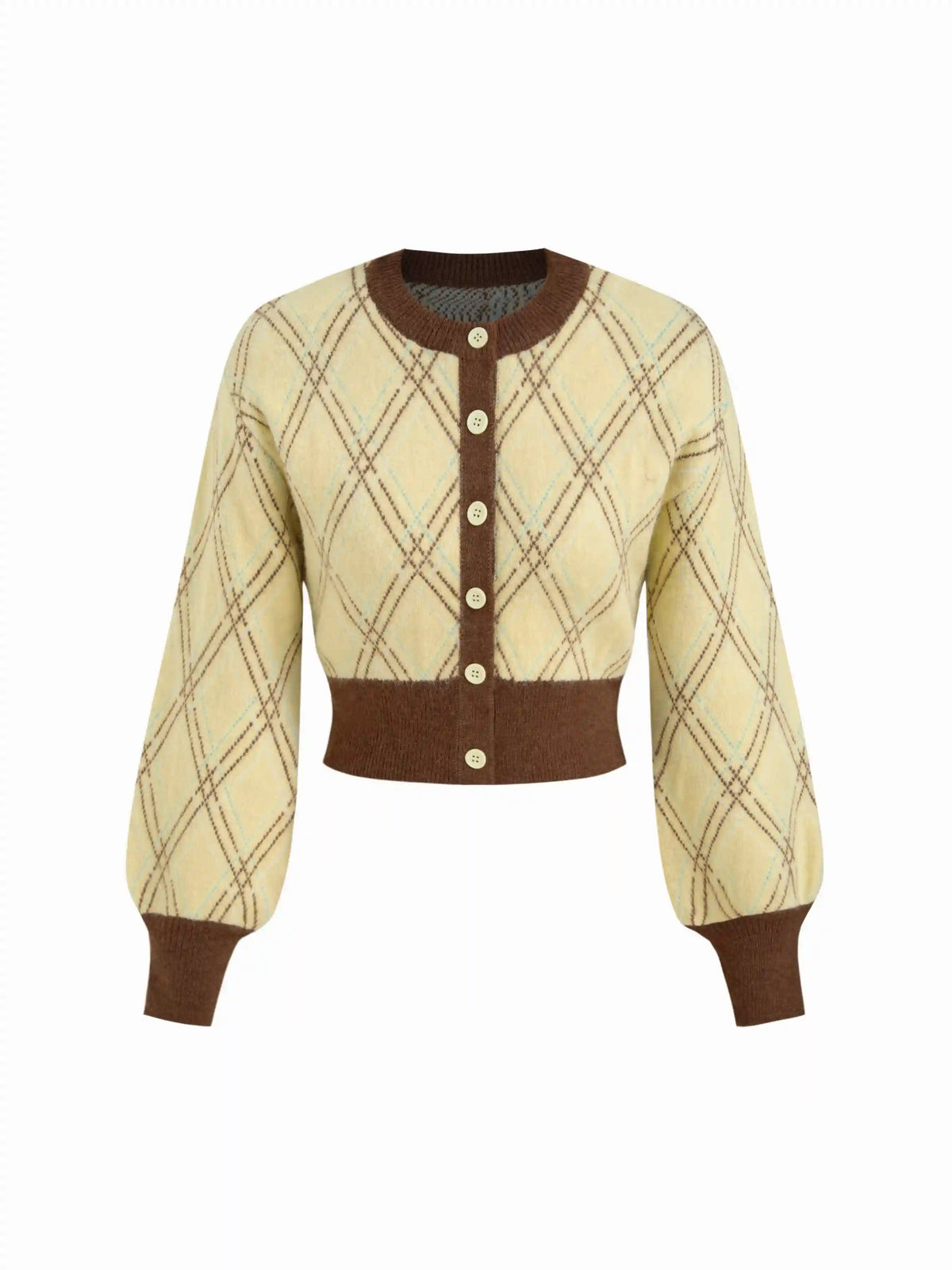 Knit Plaid Colorblock Round Neckline Lantern Sleeve Button Cardigan