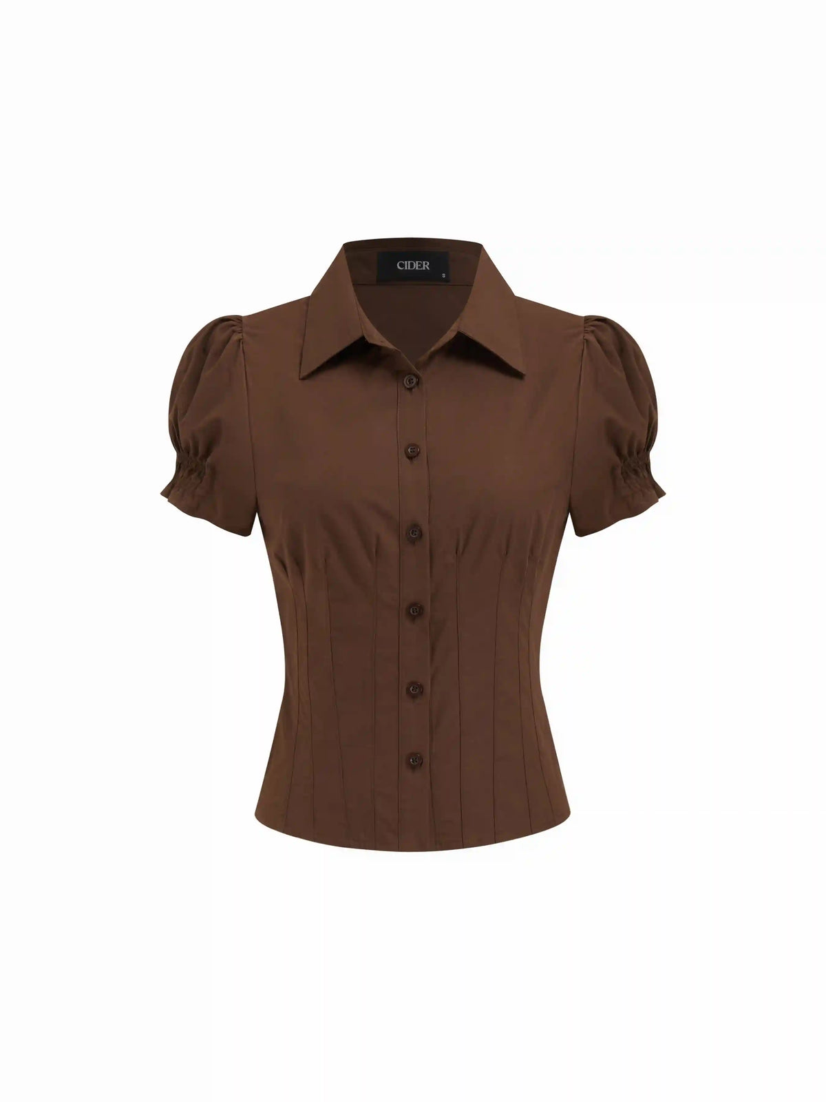 Cotton-blend Collar Puff Sleeve Ruched Blouse