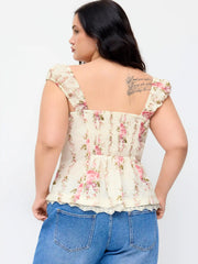Floral Lace Trim Ruched Knotted Tank Top Curve & Plus