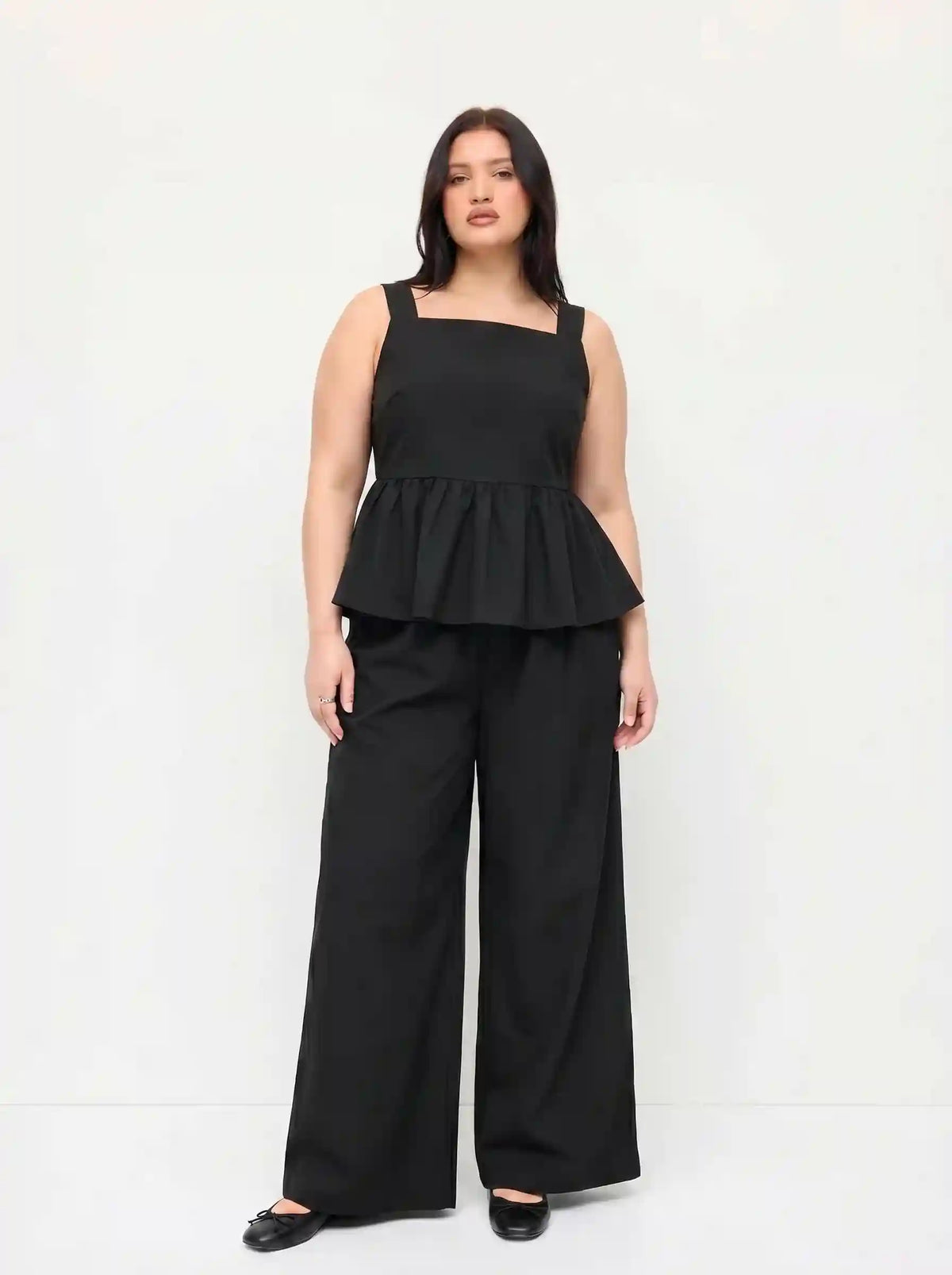 Linen-blend Square Neck Ruffle Hem Tank Top & Wide Leg Trousers Set Curve & Plus