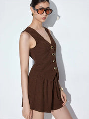 Textured V-neck Metal Detail Top & Mid Rise Drawstring Shorts Set