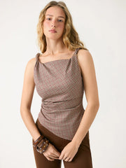Houndstooth Boat Neck Ruched Cami Top