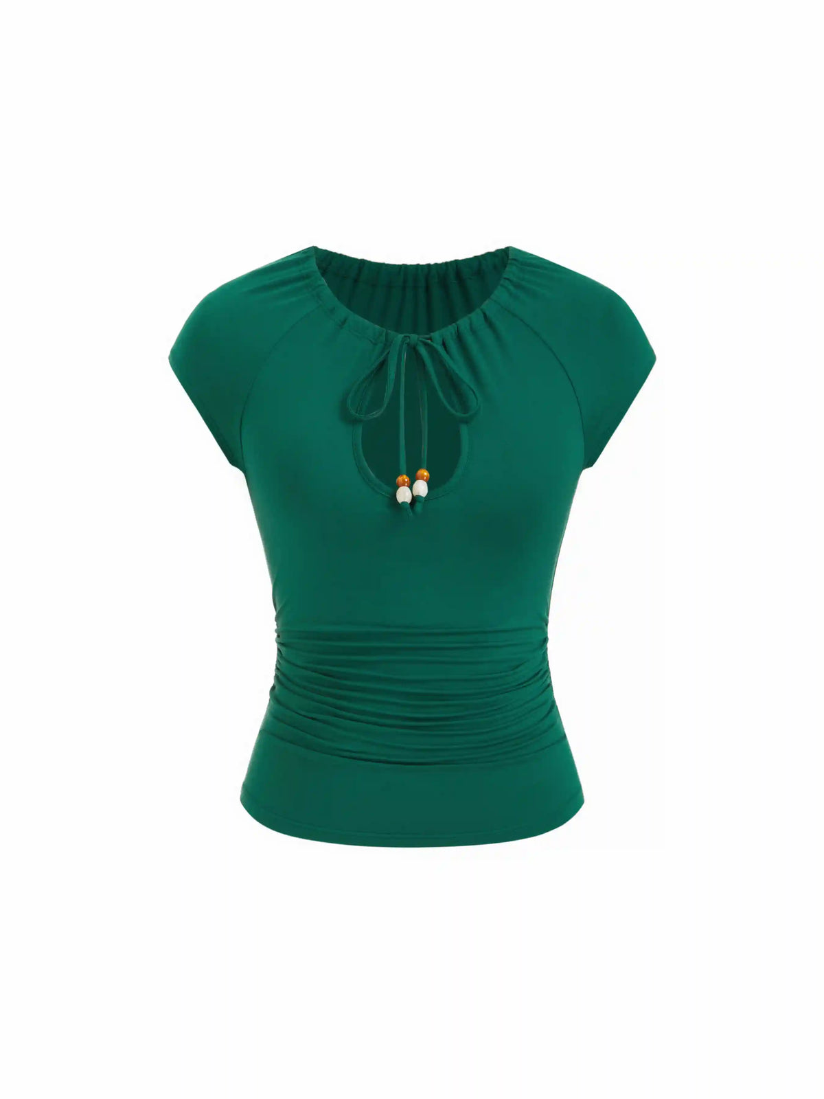 Raglan Sleeve Drawstring Scoop Neck Metallic Decor Tee