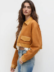 Suede Collar Zip Through Crop Jacket