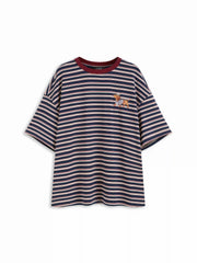 Stripe Dog Graphic Middle Sleeve Oversized Tee