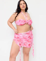 Floral Halter Neck Bandeau Top & Mid Rise Bikini Bottom With Wrap Skirt Three-piece Bikini Set Curve & Plus