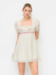 Textured Floral Embroidery Square Neck Puff Sleeve Milkmaid Mini Dress