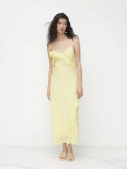 Rosette Ruffle Hem V-neck Backless Maxi Dress