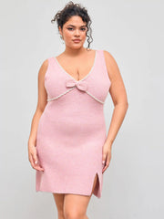 Knit V-neck Bowknot Split Mini Dress Curve & Plus