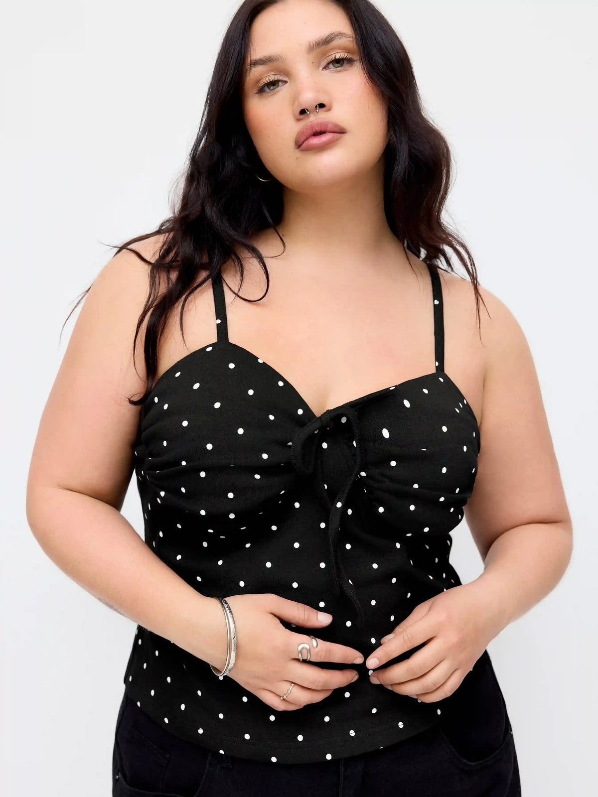 Cotton-blend Polka Dot Ruched Knotted Cami Top Curve & Plus