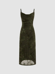 Jacquard Cowl Neck Floral Ruched Maxi Dress