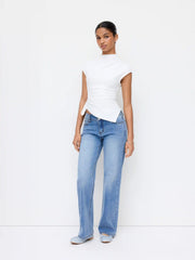 Cotton-blend Stand Collar Ruched Asymmetrical Hem Short Sleeve Top
