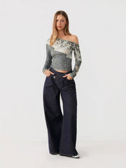 Denim Mid Rise Asymmetrical Mental Button Wide Leg Trousers