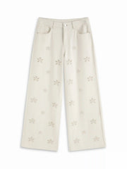Washed Denim Low Rise Floral Embroidery Wide Leg Jeans