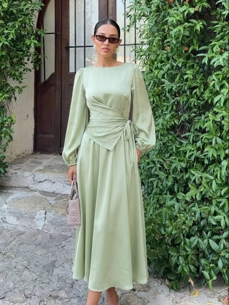 Satin Boat Neck Lantern Sleeve Asymmetrical Maxi Dress