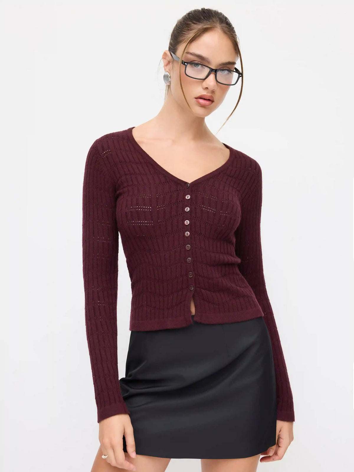 Knit Textured V-neck Long Sleeve Button Cardigan