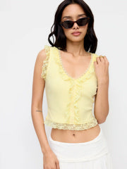 Cotton-blend V-neck Lace Trim Ruffled Tank Top