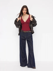 Cotton-blend V-Neck Lace Ruched Bodysuit