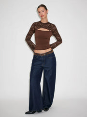 Floral Lace Stand Collar Bell Sleeve Top