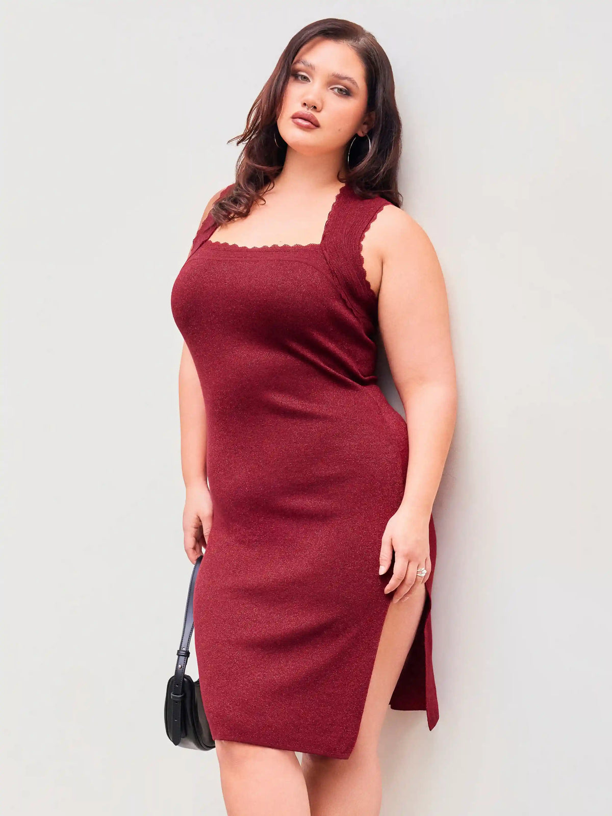 Knit Square Neck Lace Trim Split Solid Midi Dress Curve & Plus