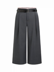 Mid Rise Contrasting Binding Wide Leg Trousers With Belt Curve & Plus