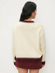 Knit Horse Graphic Round Neck Contrasting Binding Oversized Sweater