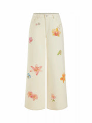 Washed Denim Low Rise Floral Graphic Wide Leg Trousers