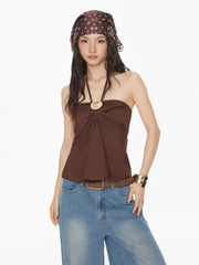 Cotton-blend Halter Neckline Ruched Metal Detail Shirred Top