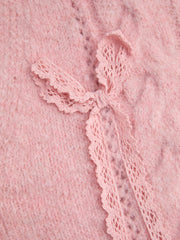 Knit Wool-blend V-neck Long Sleeve Lace Bowknot Button Oversized Cardigan