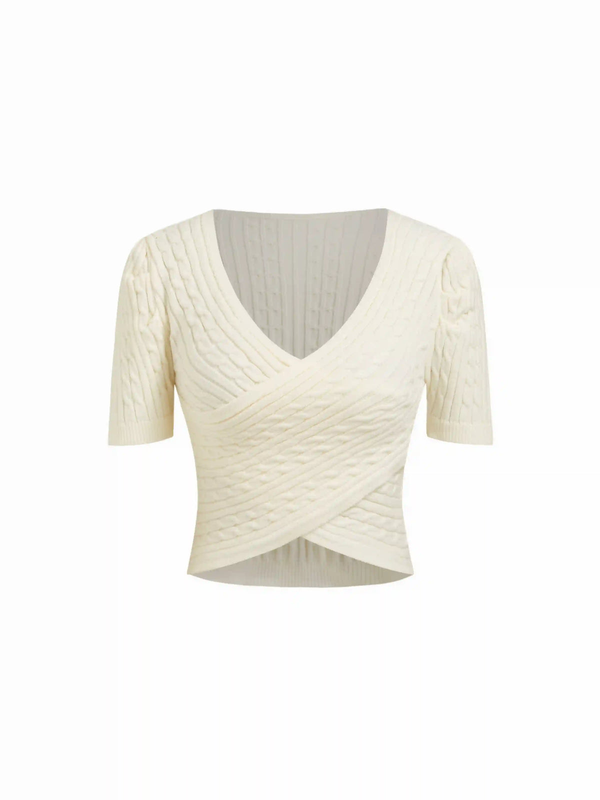 Cable Knit V-neck Short Sleeve Criss Cross Wrap Top