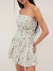 Cotton-blend Floral Ruched Bandeau Mini Dress