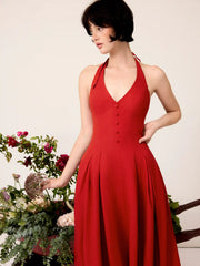 Linen-blend Sculptural High Rise V-neck Halter Neckline Flared Maxi Dress
