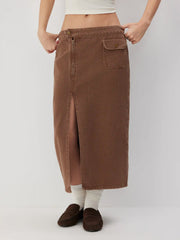Washed Denim Low Rise Split Pencil Maxi Skirt