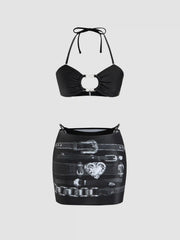 Halter Ring Linked Bikini Swimsuit With Belted Graphic Sarong