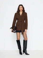 Corduroy Collar Long Sleeve Blazer With Belt