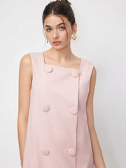Sleeveless Square Neck Double Breasted Straight Mini Dress