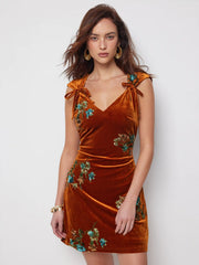 Velvet V-Neck Floral Embroidery Ruched Mini Dress
